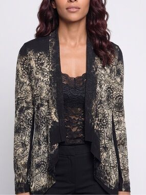 Fuzzi Black and White Floral Print Sheer Open-Front Cardigan Long Sleeves Small